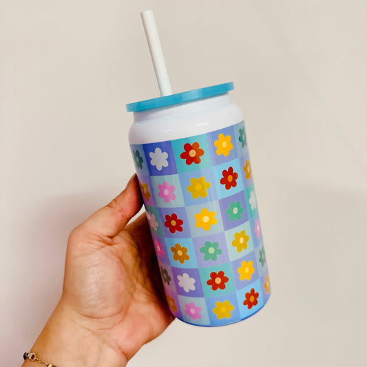 16 oz Stainless Steel Cup, Colorful Floral Check Pattern