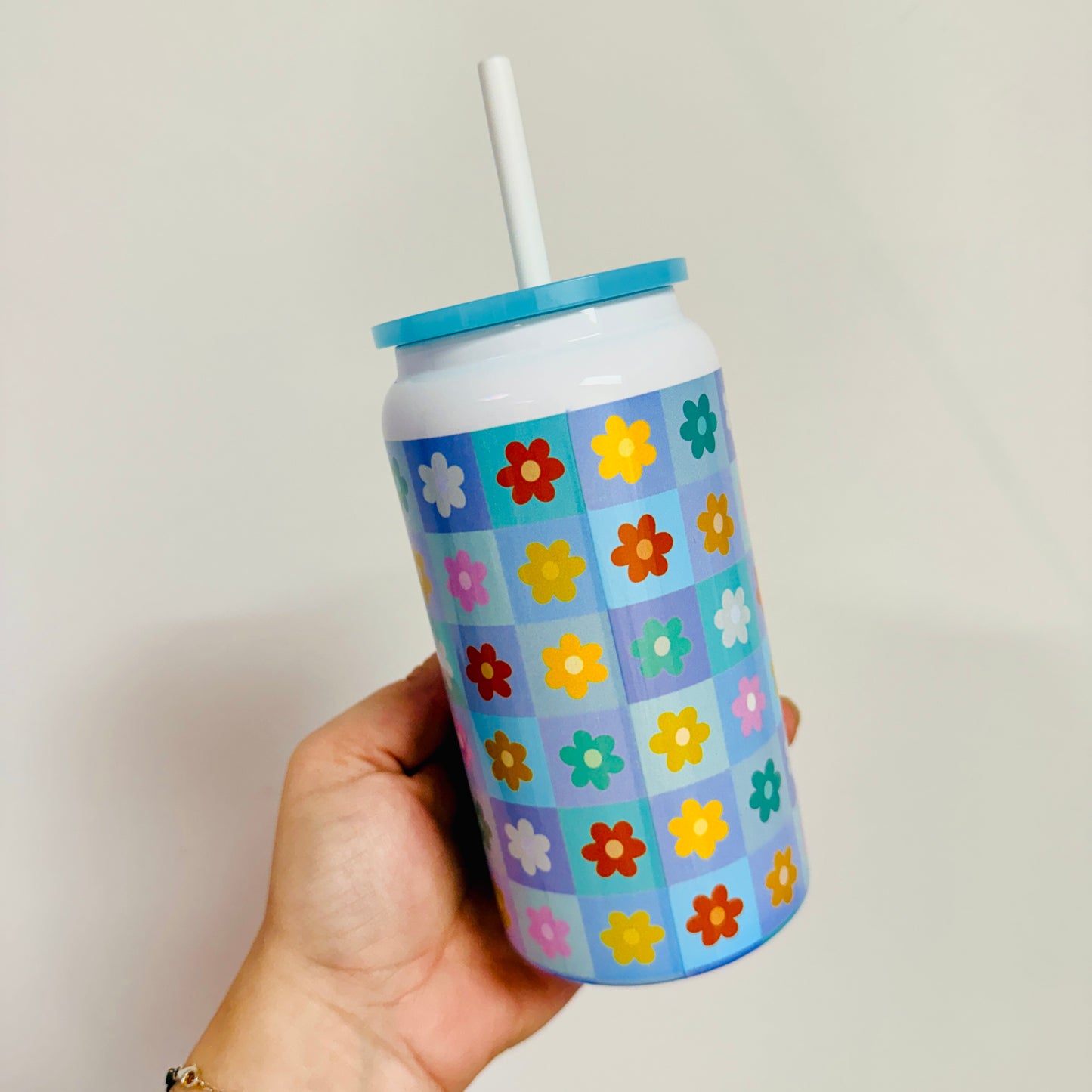 16 oz Stainless Steel Cup, Colorful Floral Check Pattern