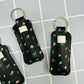 Chapstick Holder Keychain, Black Ditsy Floral and Bows Pattern