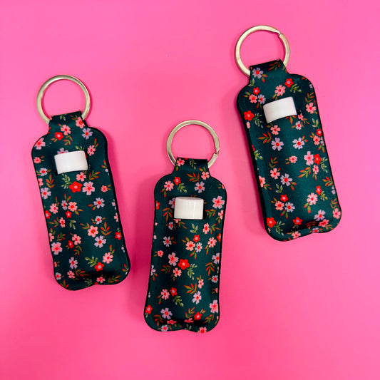 Chapstick Holder Keychain, Green Floral Pattern