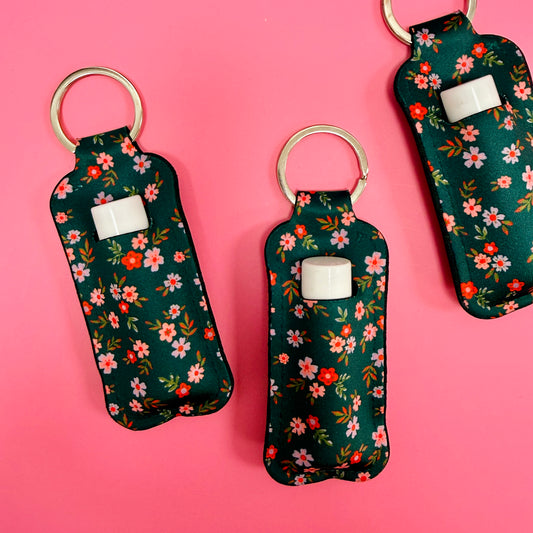 Chapstick Holder Keychain, Green Floral Pattern