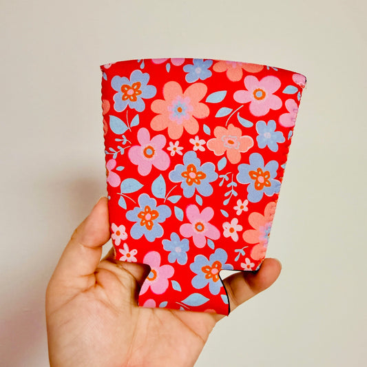 Iced Coffee Sleeve, Bright Red Floral Pattern