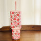 40oz Tumbler with Lid and Straw, Strawberry Design on Pink