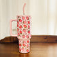 40oz Tumbler with Lid and Straw, Strawberry Design on Pink