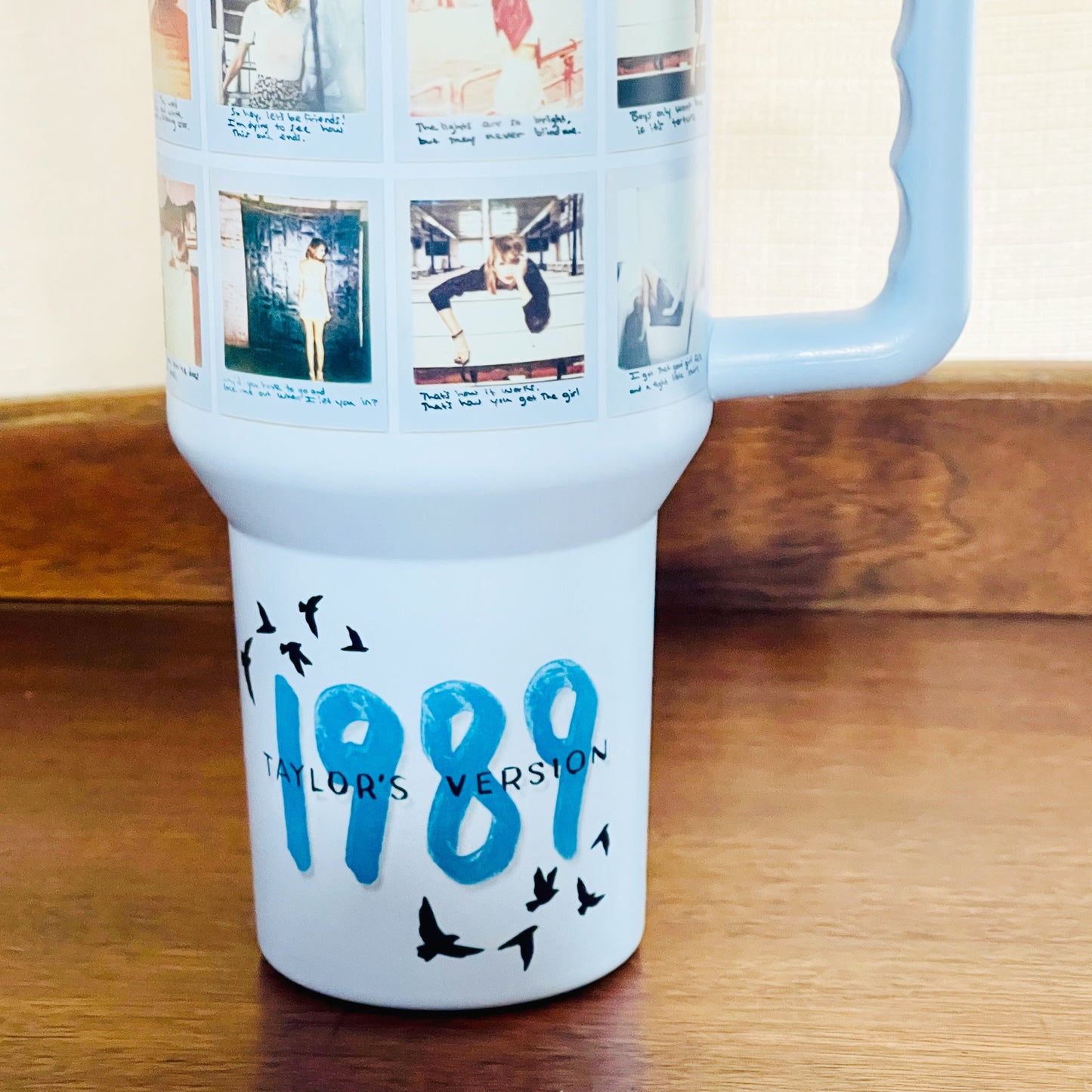 40oz Tumbler with Lid and Straw, TS 1989 Polaroids on Blue