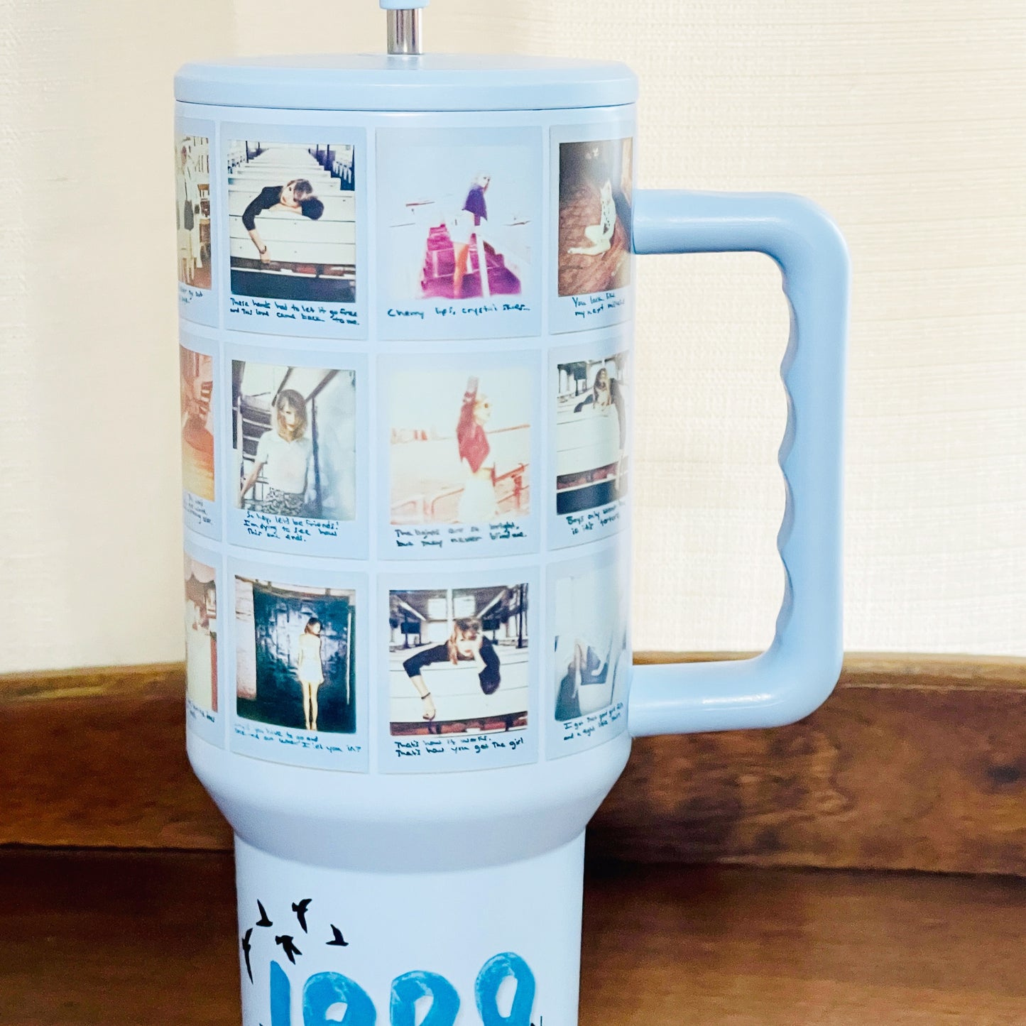 40oz Tumbler with Lid and Straw, TS 1989 Polaroids on Blue