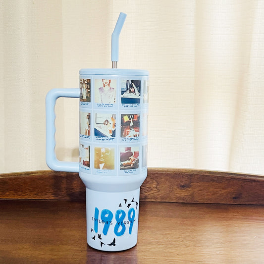 40oz Tumbler with Lid and Straw, TS 1989 Polaroids on Blue