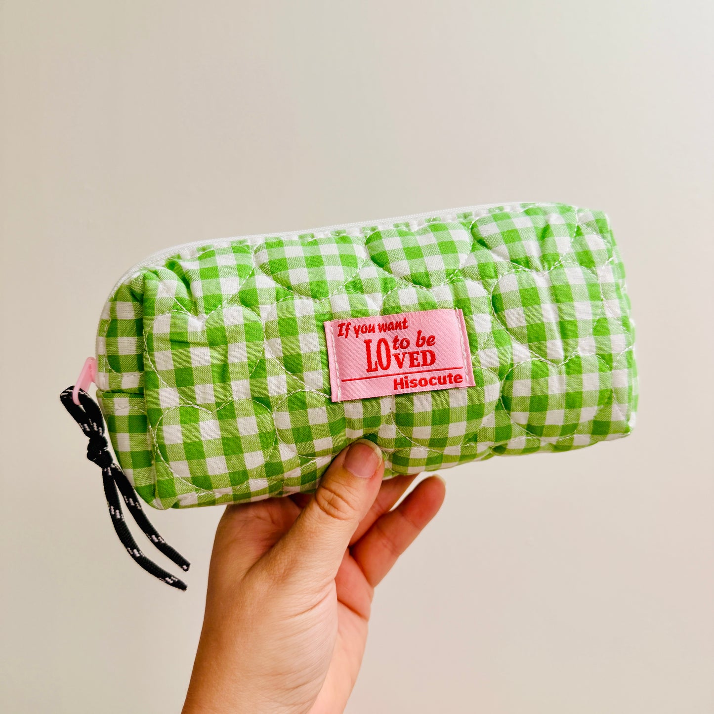 Makeup Bag, Quilted Green Gingham