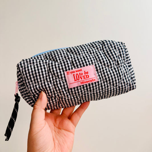 Makeup Bag, Quilted Black Gingham