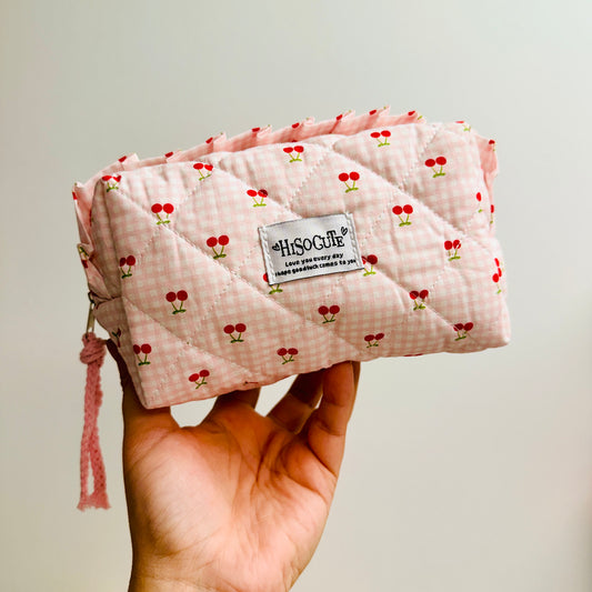 Makeup Bag, Pink Gingham Cherry