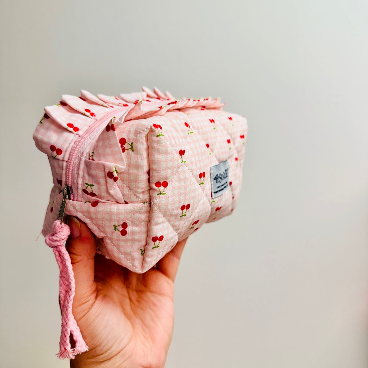 Makeup Bag, Pink Gingham Cherry