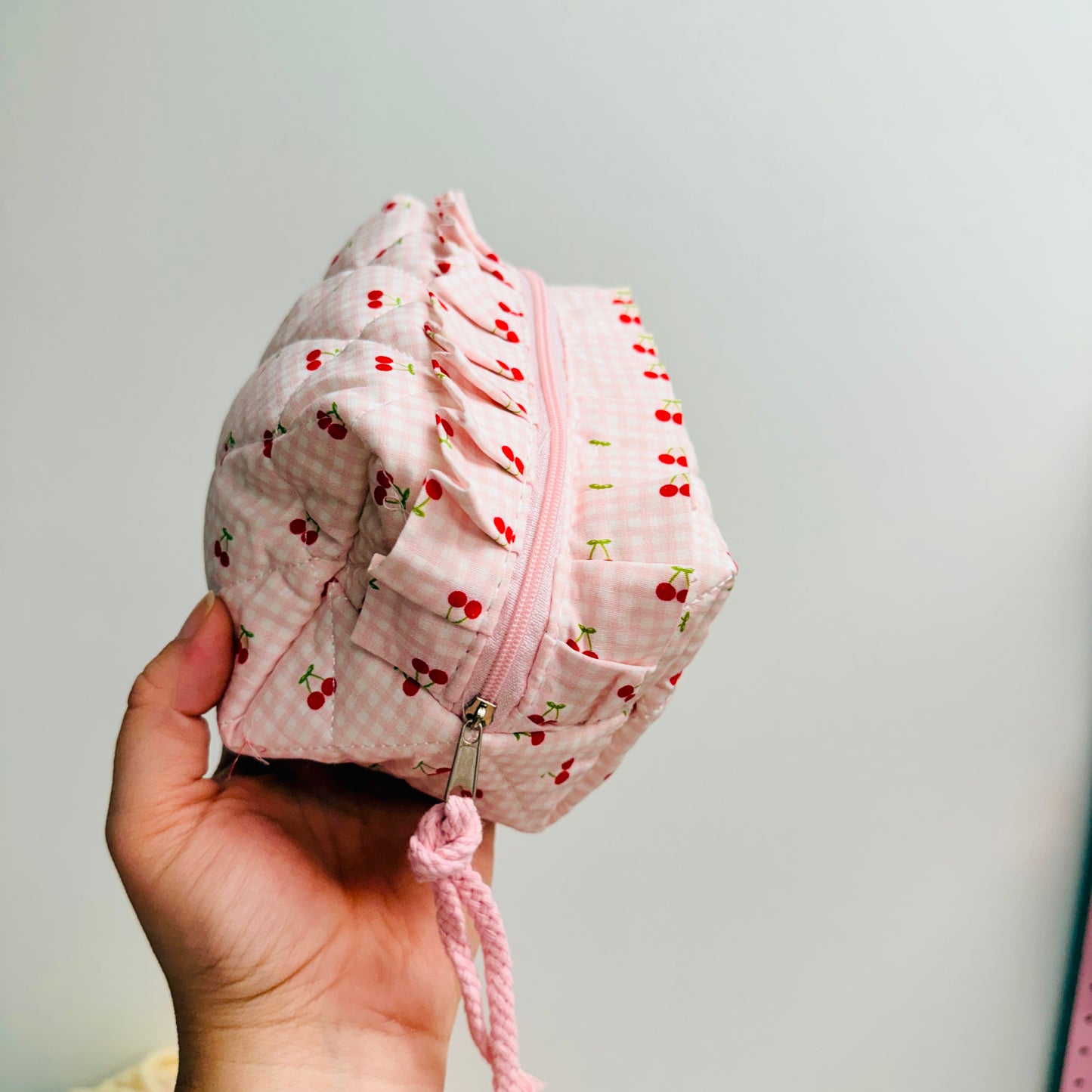 Makeup Bag, Pink Gingham Cherry