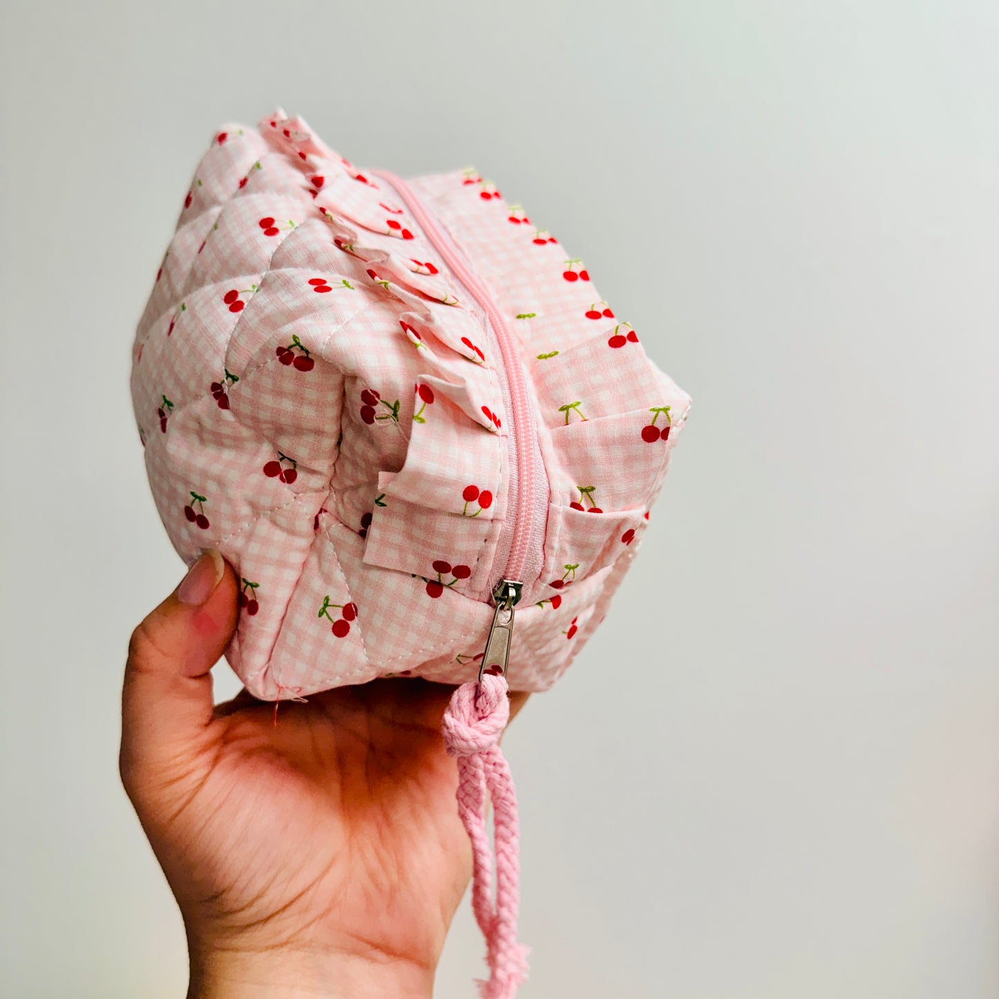 Makeup Bag, Pink Gingham Cherry