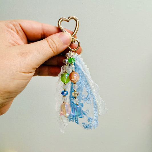 Bag Charm, Blue Ribbon With Floral Beads