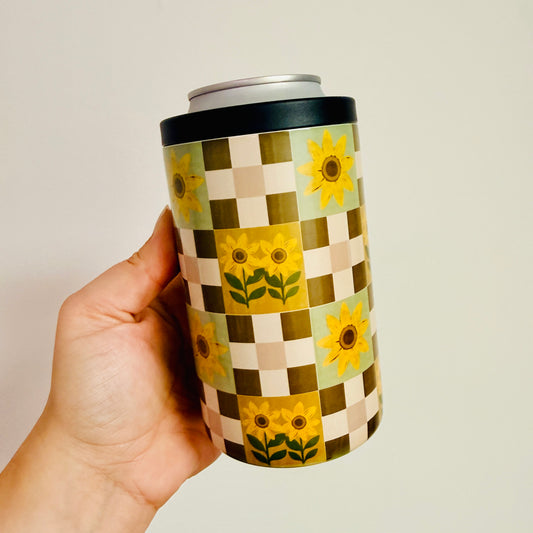 12 oz Can Cooler, Sunflower Checkered Pattern