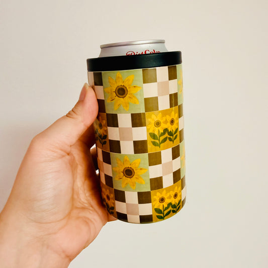 12 oz Can Cooler, Sunflower Checkered Pattern