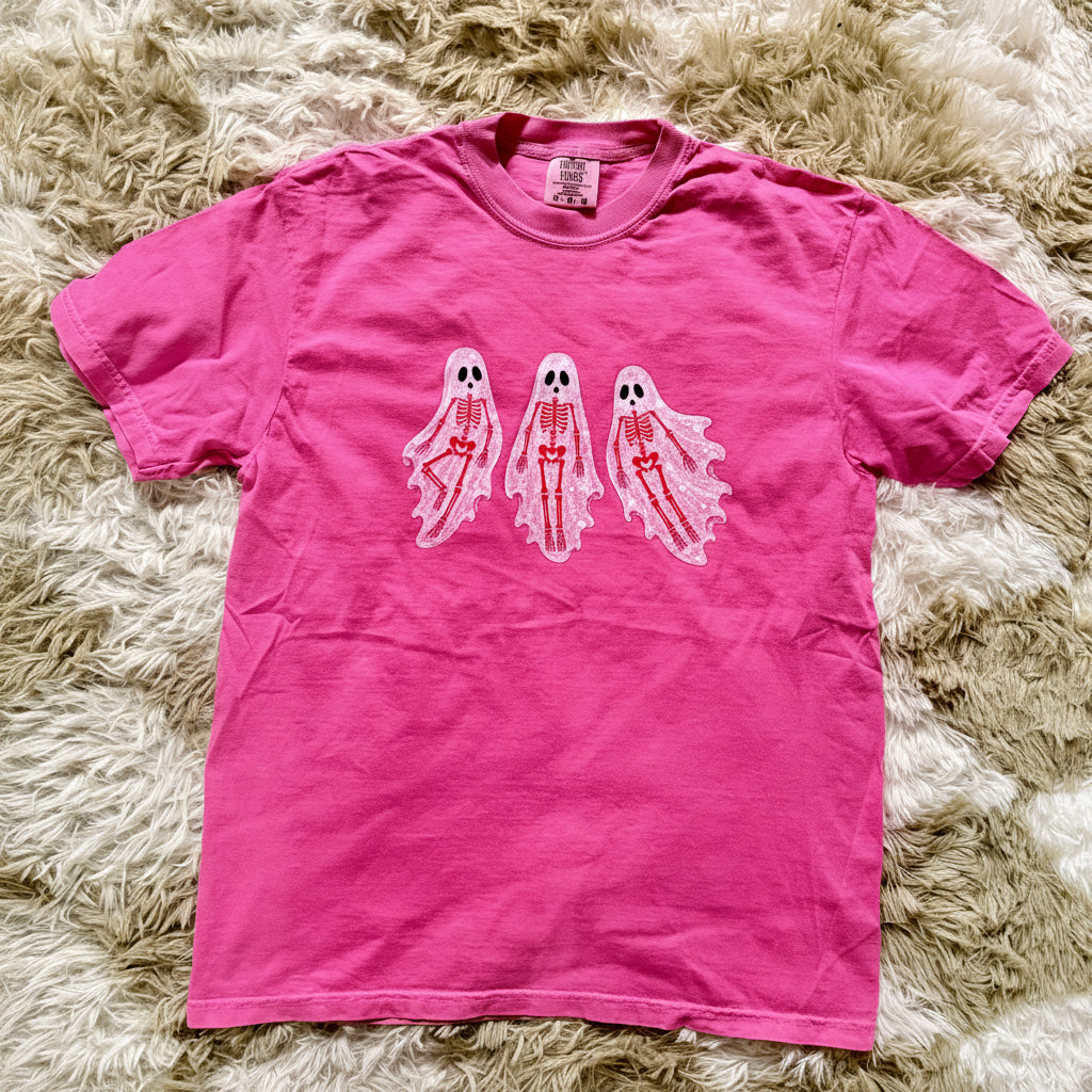 Graphic Tee, Pink Skeleton Ghosts