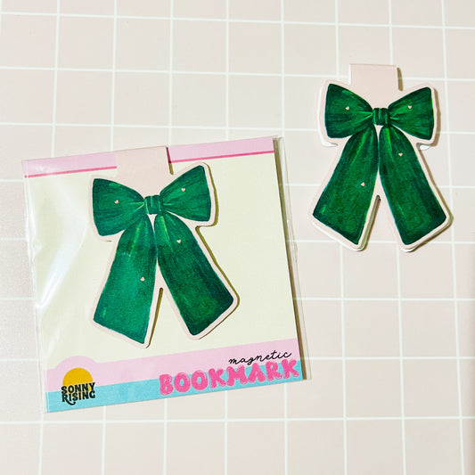 Magnetic Bookmark, Green Bow with Pink Hearts