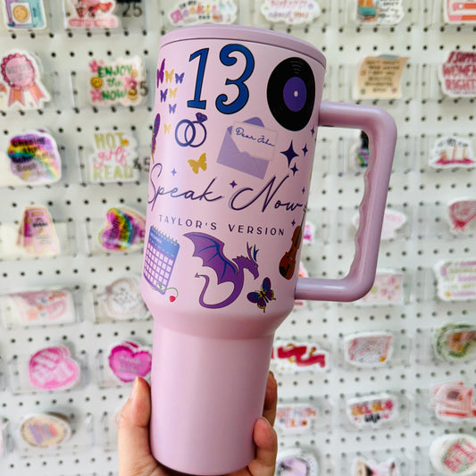 40oz Tumbler with Lid and Straw, Speak Now Inspired Theme on Purple