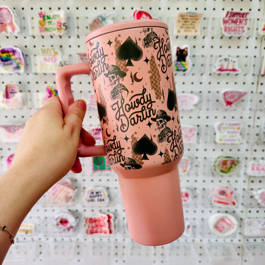 40oz Tumbler with Lid and Straw, Howdy Darlin on Pink