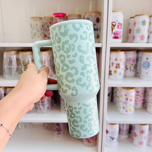 40oz Tumbler with Lid and Straw, Leopard Print on Mint