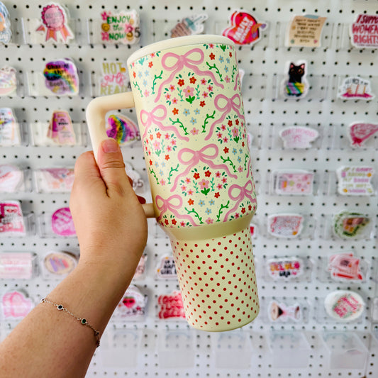 40oz Tumbler with Lid and Straw, Summer Floral Bows and Polka Dots on Cream