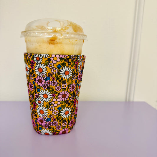 Iced Coffee Sleeve, Mustard Floral Pattern