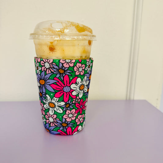 Iced Coffee Sleeve, Bright Green Floral Pattern