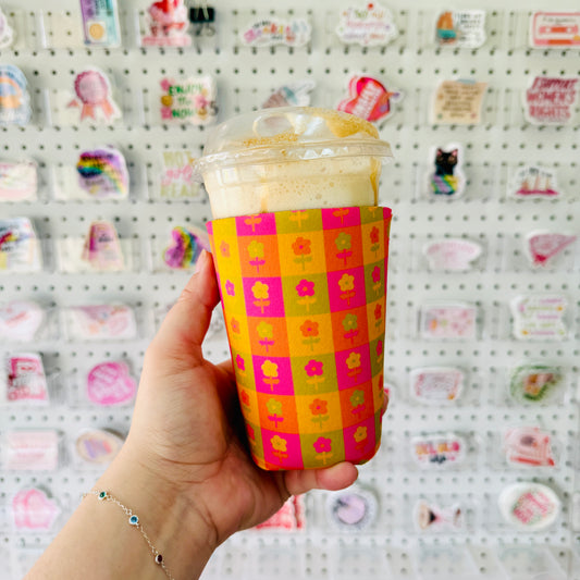 Iced Coffee Sleeve, Bright Summer Floral Check