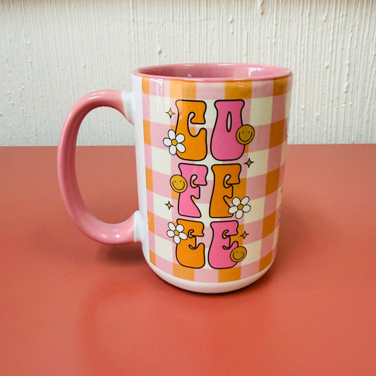 15 oz Mug, Pink & Orange Plaid COFFEE Design With Pink Handle