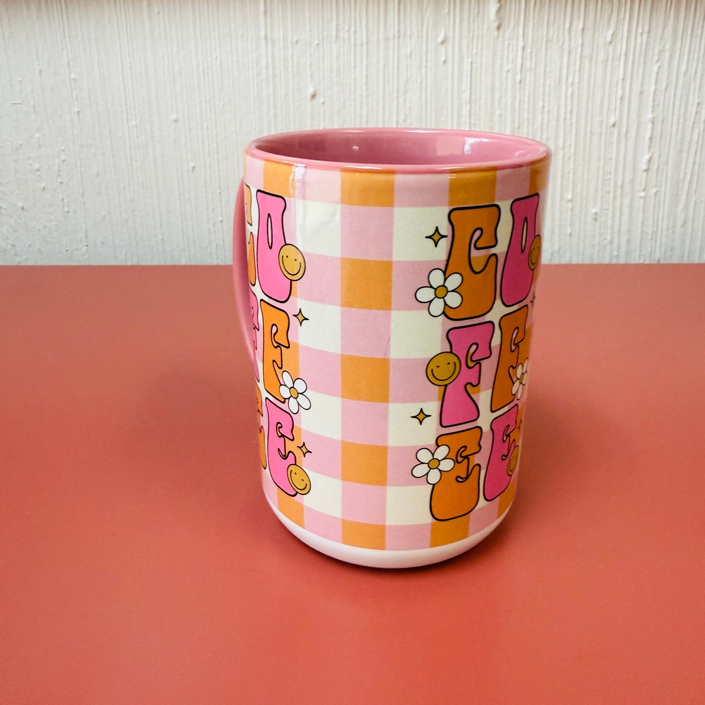 15 oz Mug, Pink & Orange Plaid COFFEE Design With Pink Handle