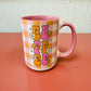 15 oz Mug, Pink & Orange Plaid COFFEE Design With Pink Handle