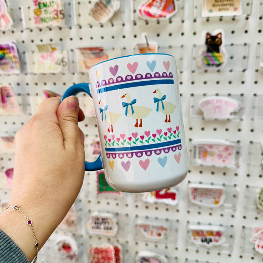 15 oz Mug, Blue Ribbon Goose Design With Blue Handle