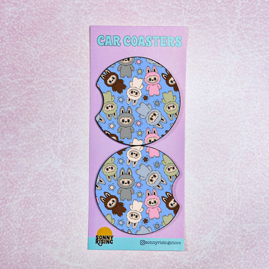 2 Car Coasters, Monsters on Blue Pattern
