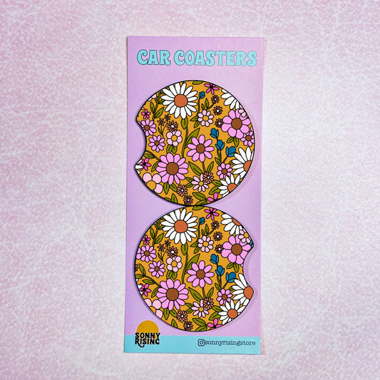 2 Car Coasters, Mustard Floral Pattern