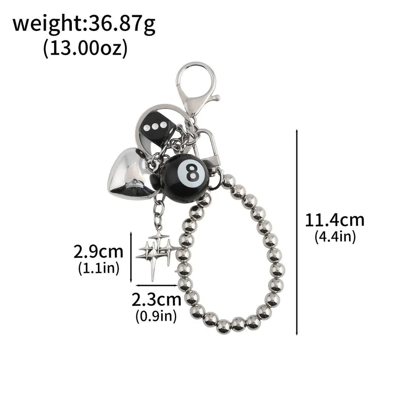 Wristlet Keychain, 8 Ball & Dice on Silver Chain