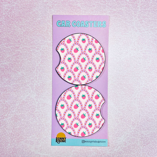 2 Car Coasters, Coquette Pink Berry Pattern