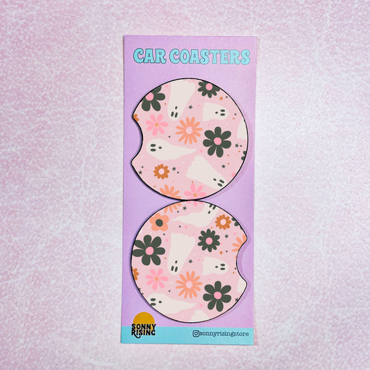 2 Car Coasters, Pink Ghost Pattern