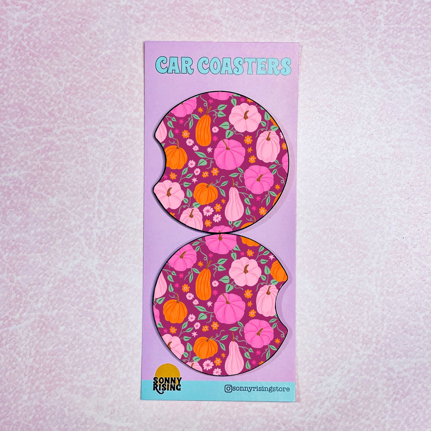 2 Car Coasters, Pink Pumpkins Pattern