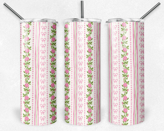 20 oz Skinny Tumbler, Pink Rose Ribbon Style Pattern