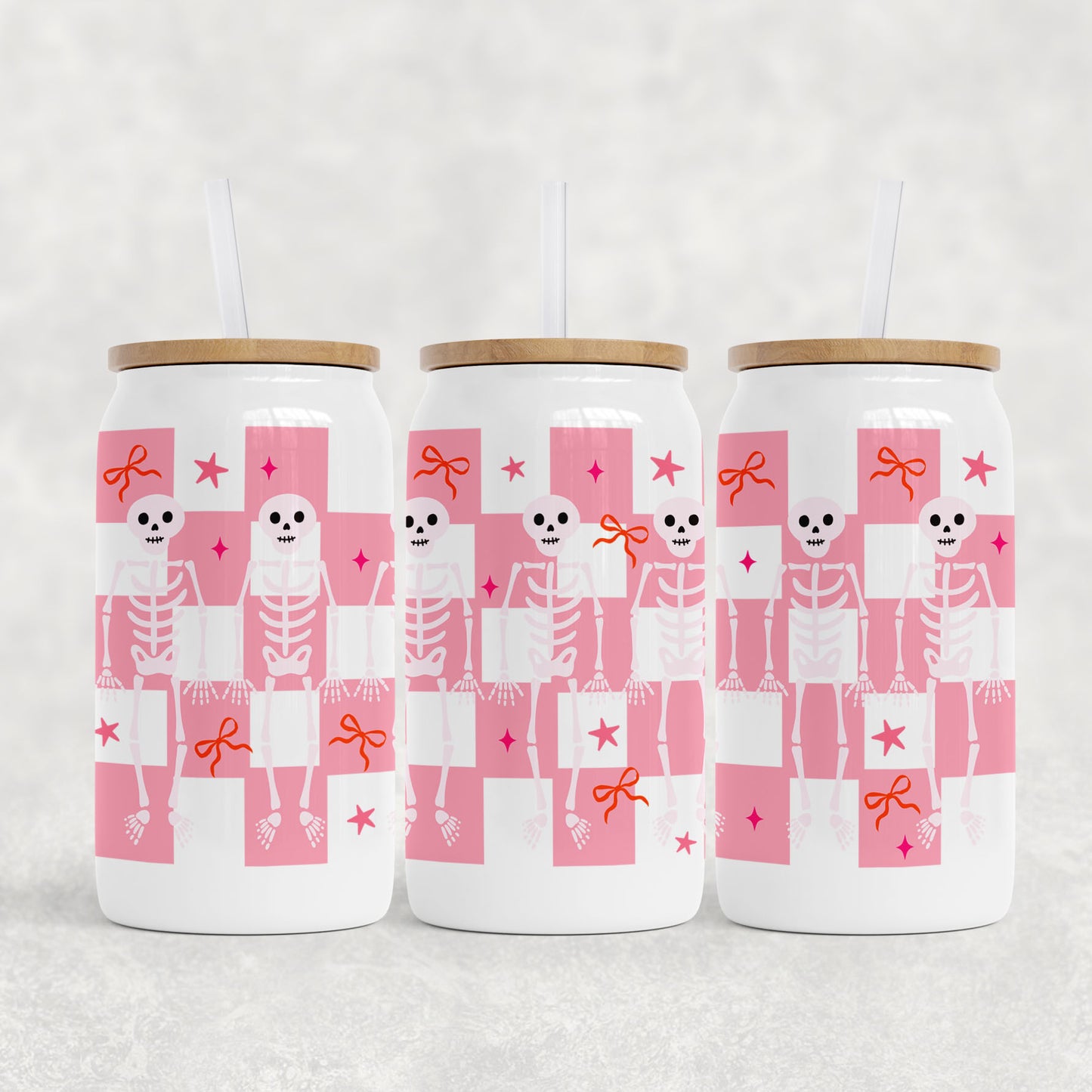 White Can Glass, Pink Skeletons