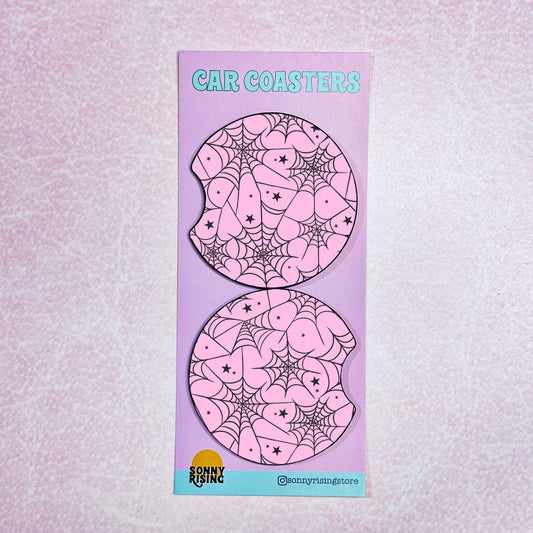 2 Car Coasters, Pink Spiderweb Pattern