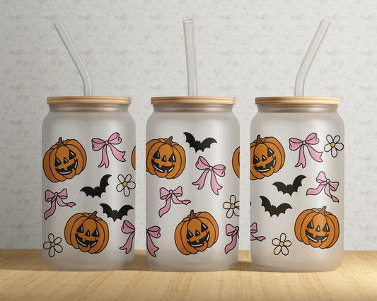Frosted Can Glass, Pumpkins and Bows