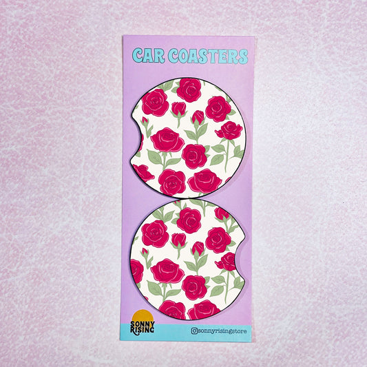 2 Car Coasters, Red Roses Pattern