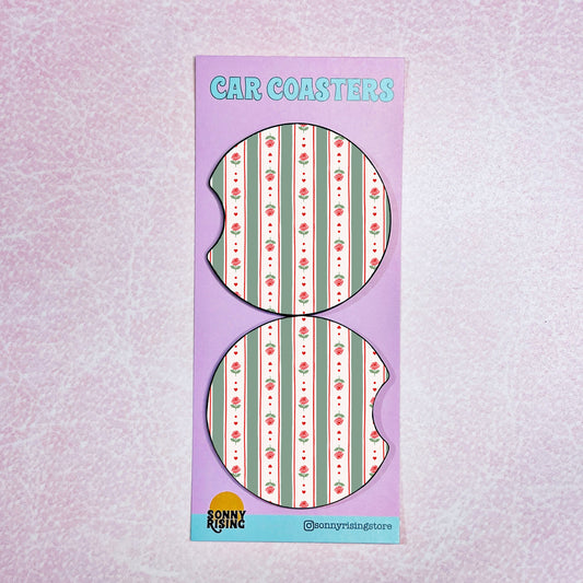 2 Car Coasters, Green Rose Stripes