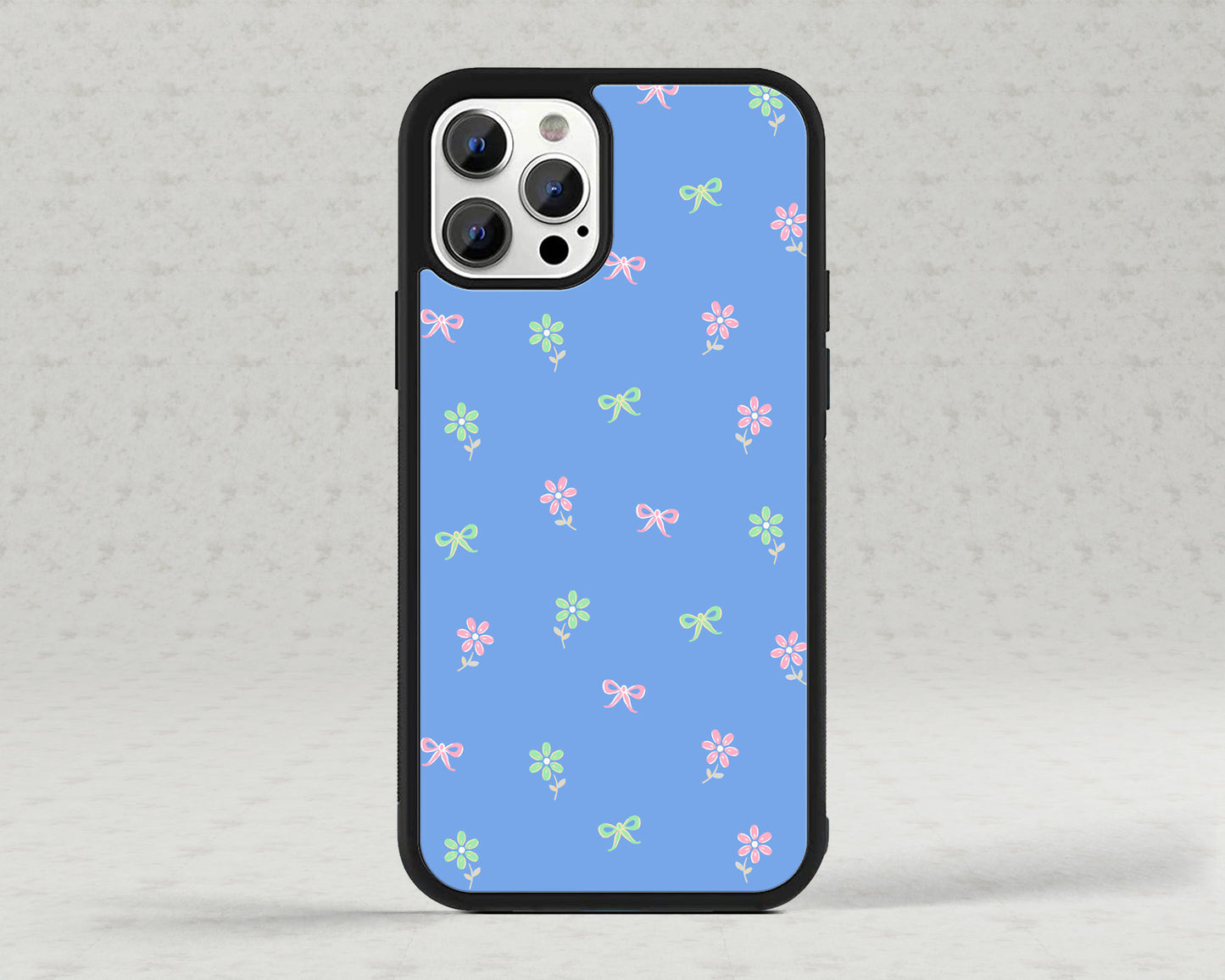 Iphone Case, Pink and Green Daisies and Bows on Blue Background