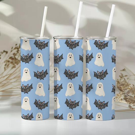 20 oz Skinny Tumbler, Bats and Ghosts on Blue