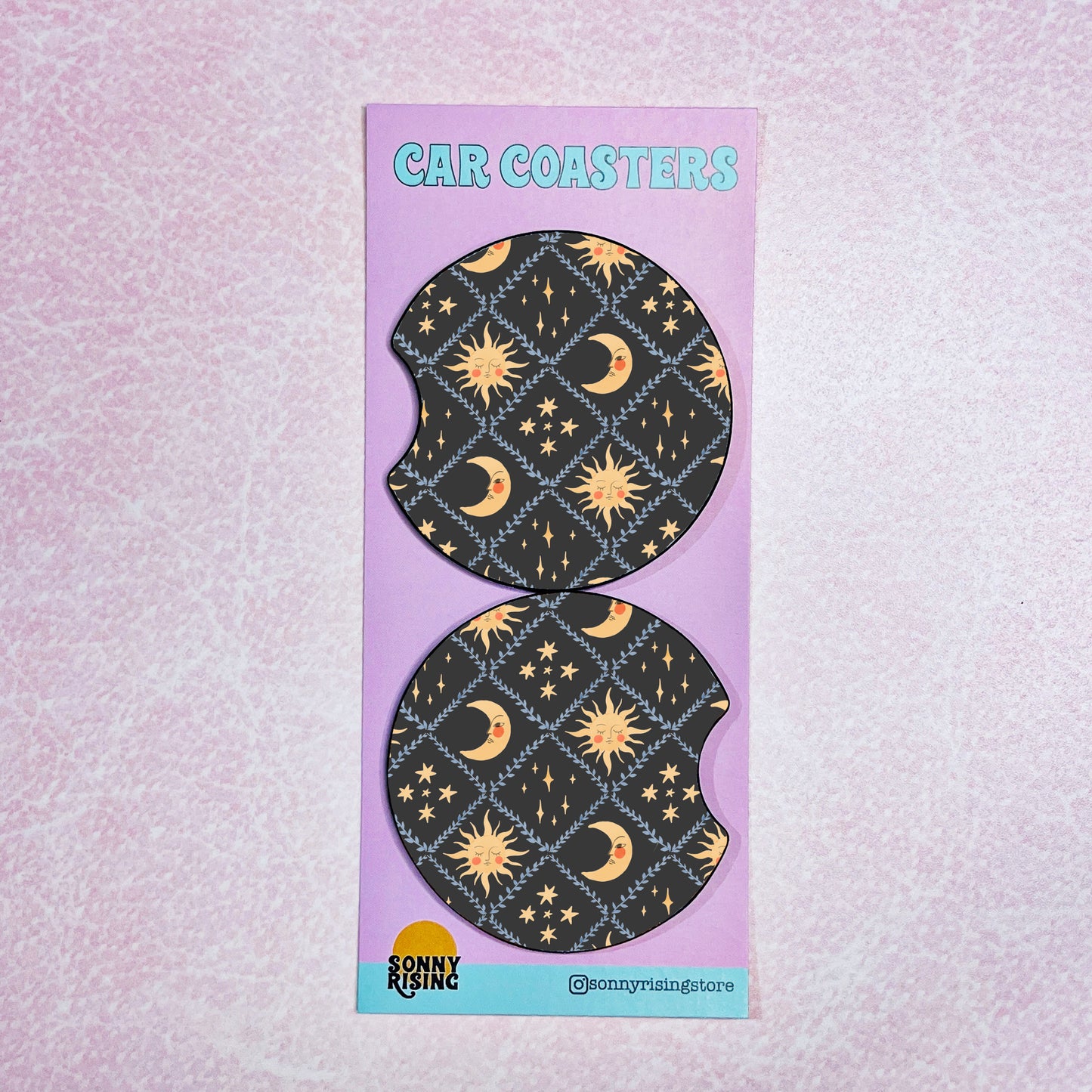 2 Car Coasters, Black Sun Pattern