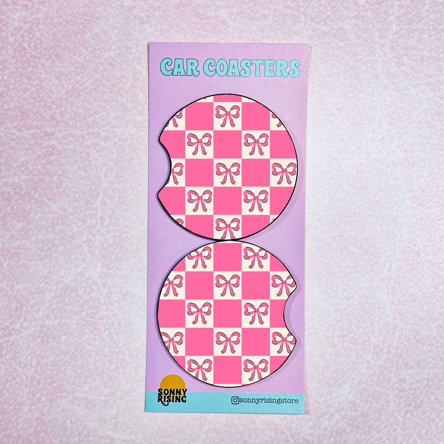 2 Car Coasters, Pink Coquette Bows and Checkers