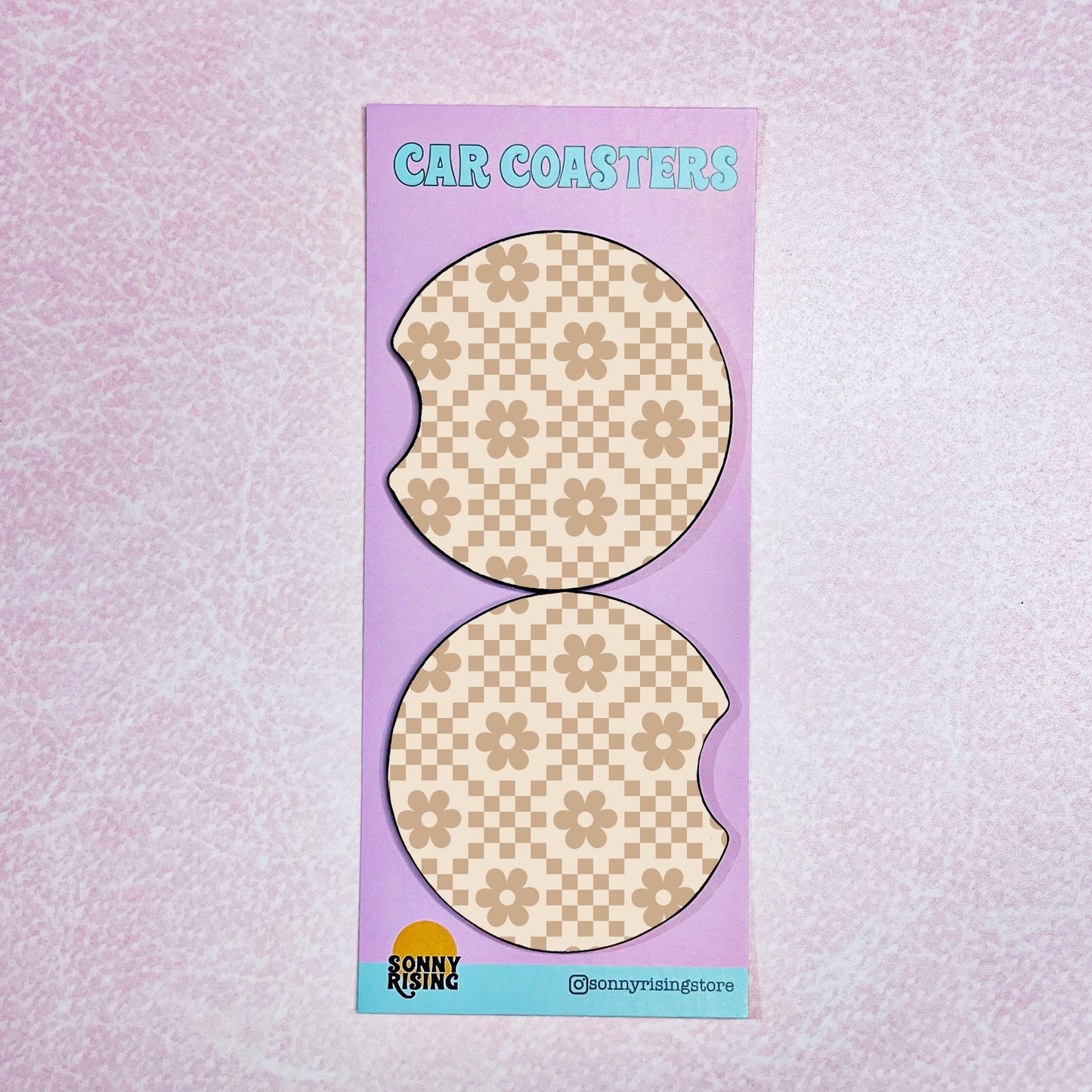 2 Car Coasters, Neutral Checkered Daisy Pattern